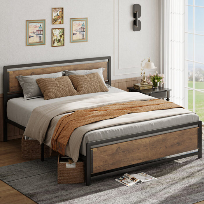 Wood and Black Metal Frame Platform Bed with Headboard no Upholstered Storage - Chic Decora