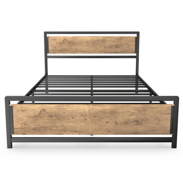 Wood and Black Metal Frame Platform Bed with Headboard no Upholstered Storage - Chic Decora