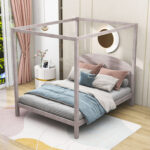 Wooden Canopy Platform Bed With Headboard - Chic Decora