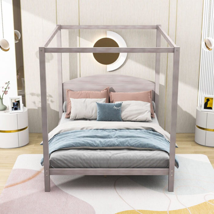 Wooden Canopy Platform Bed With Headboard - Chic Decora