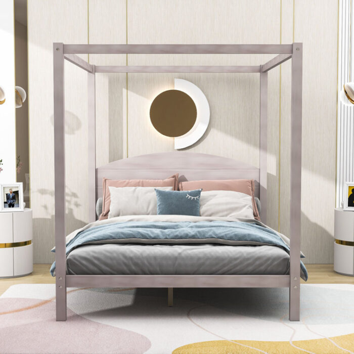 Wooden Canopy Platform Bed With Headboard - Chic Decora