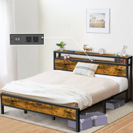 Yarelys Bed Frame Industrial Platform Bed with Charging Station 2-Tier Storage Headboard - Chic Decora