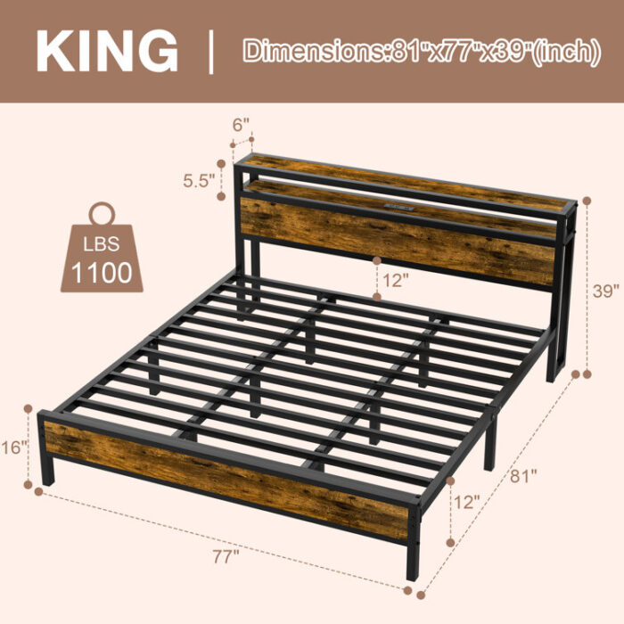 Yarelys Bed Frame Industrial Platform Bed with Charging Station 2-Tier Storage Headboard - Chic Decora