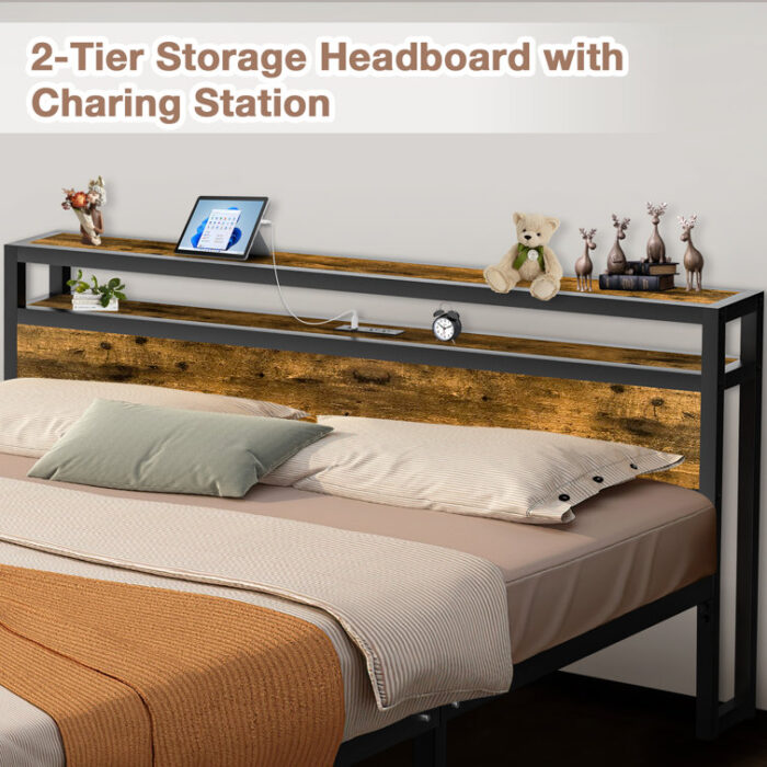 Yarelys Bed Frame Industrial Platform Bed with Charging Station 2-Tier Storage Headboard - Chic Decora