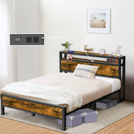 Yarelys Bed Frame Industrial Platform Bed with Charging Station 2-Tier Storage Headboard - Chic Decora