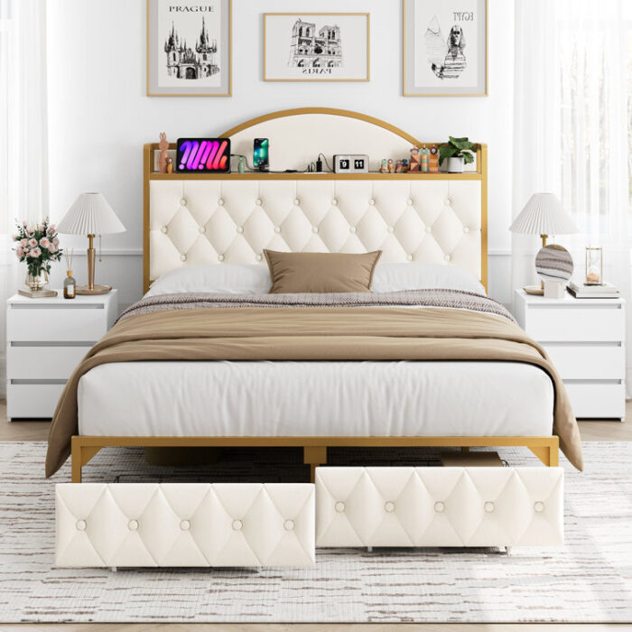 Yosvani Storage Bed (Drawers & Headboard), Velvet Upholstered Platform Bed Frame with ChargeStation - Chic Decora