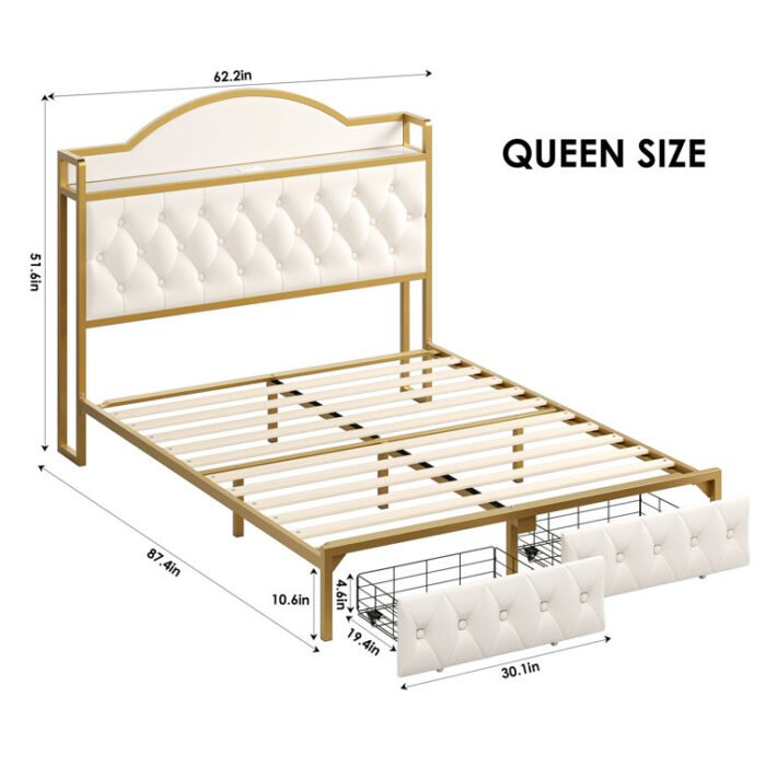 Yosvani Storage Bed (Drawers & Headboard), Velvet Upholstered Platform Bed Frame with ChargeStation - Chic Decora