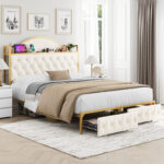 Yosvani Storage Bed (Drawers & Headboard), Velvet Upholstered Platform Bed Frame with ChargeStation - Chic Decora