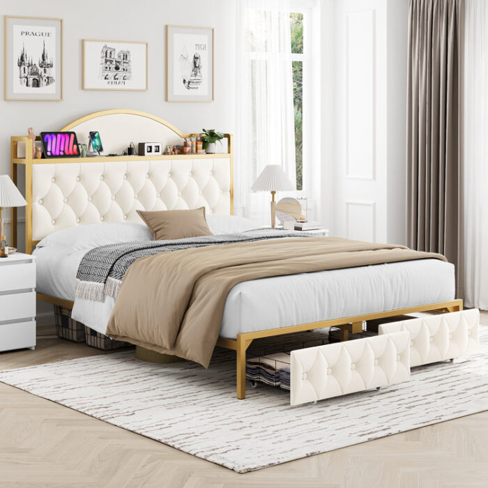 Yosvani Storage Bed (Drawers & Headboard), Velvet Upholstered Platform Bed Frame with ChargeStation - Chic Decora