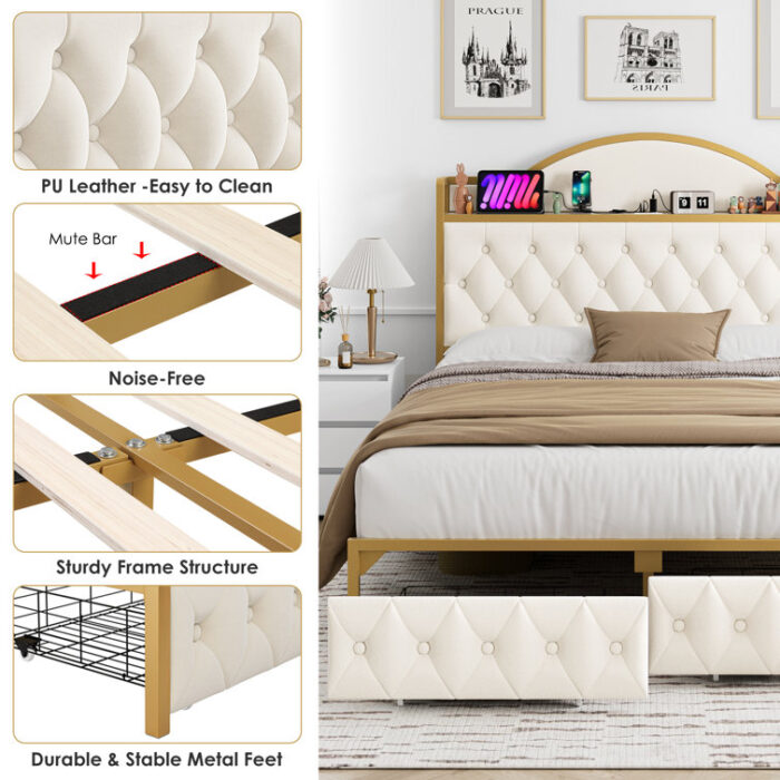 Yosvani Storage Bed (Drawers & Headboard), Velvet Upholstered Platform Bed Frame with ChargeStation - Chic Decora