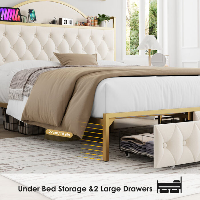 Yosvani Storage Bed (Drawers & Headboard), Velvet Upholstered Platform Bed Frame with ChargeStation - Chic Decora