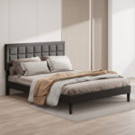 Zanari Upholstered Modern Low Profile Platform Queen Size Bed with Tufted Headboard - Chic Decora