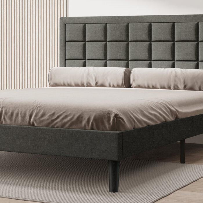 Zanari Upholstered Modern Low Profile Platform Queen Size Bed with Tufted Headboard - Chic Decora