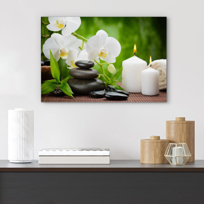 Zen Stones ” Zen Basalt Stones And White Orchid On The Wood “ - Chic Decora