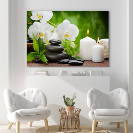 Zen Stones ” Zen Basalt Stones And White Orchid On The Wood “ - Chic Decora