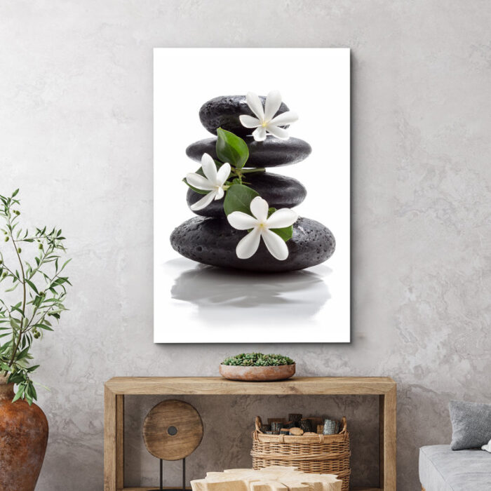 Zen Stones Basalt with Calming Plumeria Flowers Relaxing Bathroom Pictures On Canvas Print Wall Art - Chic Decora