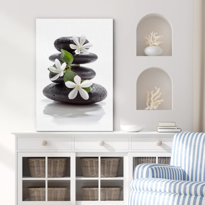 Zen Stones Basalt with Calming Plumeria Flowers Relaxing Bathroom Pictures On Canvas Print Wall Art - Chic Decora