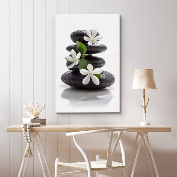 Zen Stones Basalt with Calming Plumeria Flowers Relaxing Bathroom Pictures On Canvas Print Wall Art - Chic Decora