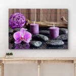 Zen Stones Bright Purple Orchid Calming Candles Bathroom & Laundry DÃ©cor On Canvas Print Wall Art - Chic Decora