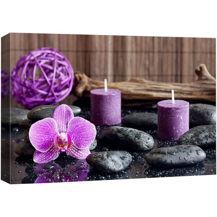 Zen Stones Bright Purple Orchid Calming Candles Bathroom & Laundry DÃ©cor On Canvas Print Wall Art - Chic Decora