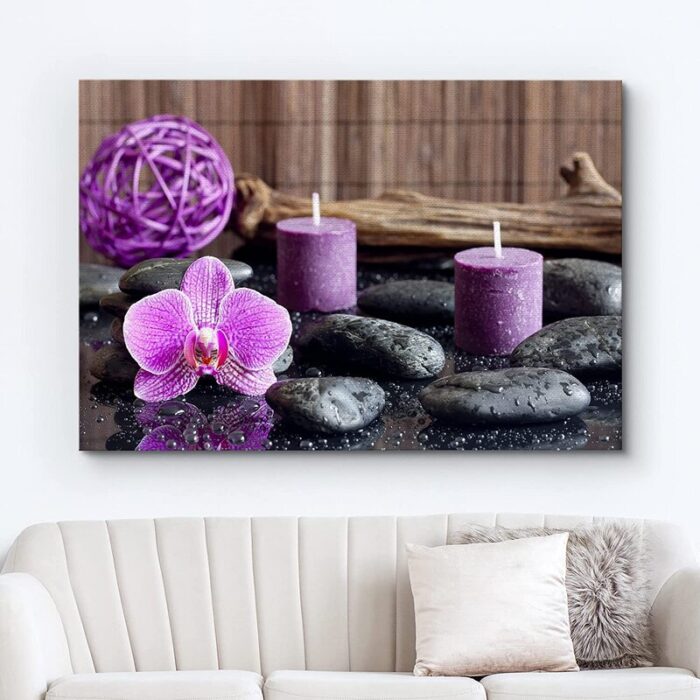 Zen Stones Bright Purple Orchid Calming Candles Bathroom & Laundry DÃ©cor On Canvas Print Wall Art - Chic Decora