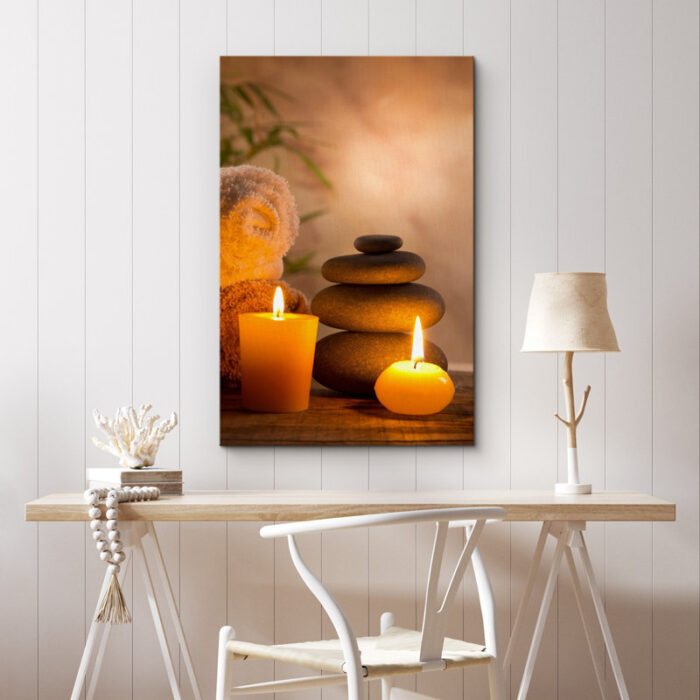 Zen Stones Massage Spa With Warm Burning Candle Bathroom Vertical Pictures On Canvas Print Wall Art - Chic Decora