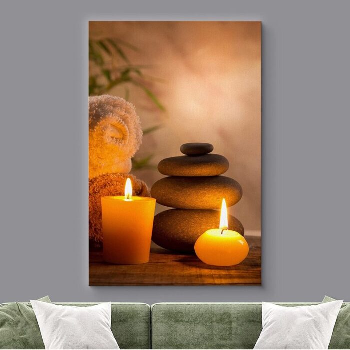 Zen Stones Massage Spa With Warm Burning Candle Bathroom Vertical Pictures On Canvas Print Wall Art - Chic Decora