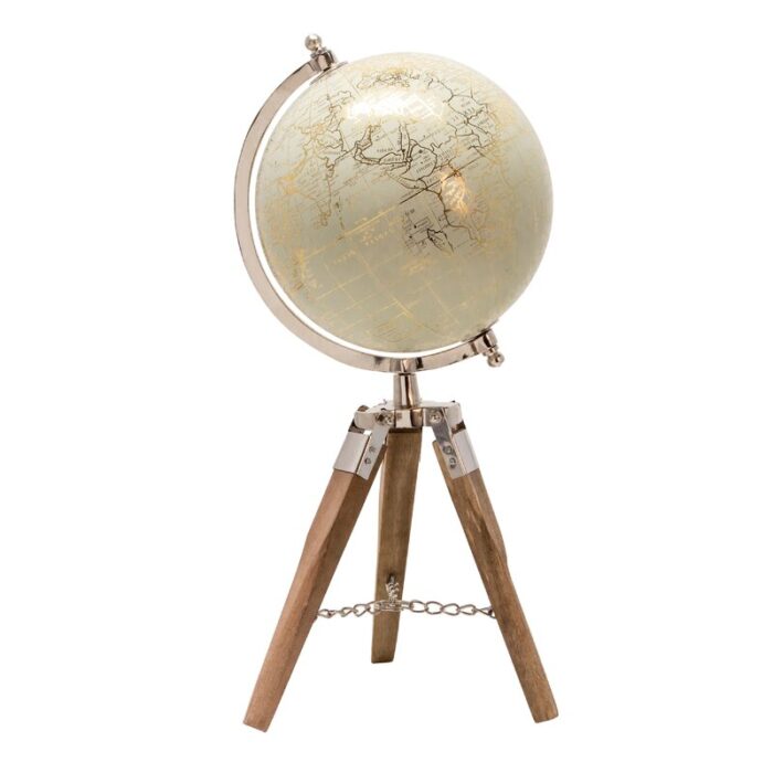 8″ Globe on Marble-Based Wood Tripod Stand, Aluminum Finish – Unique Accent Piece - Chic Decora