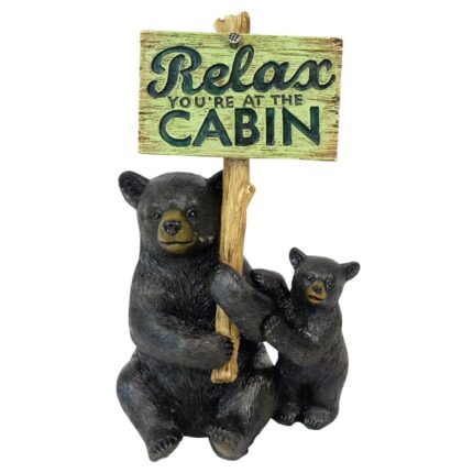 Relax You’re At The Cabin Black Bear Holding Sign Figurine - Chic Decora