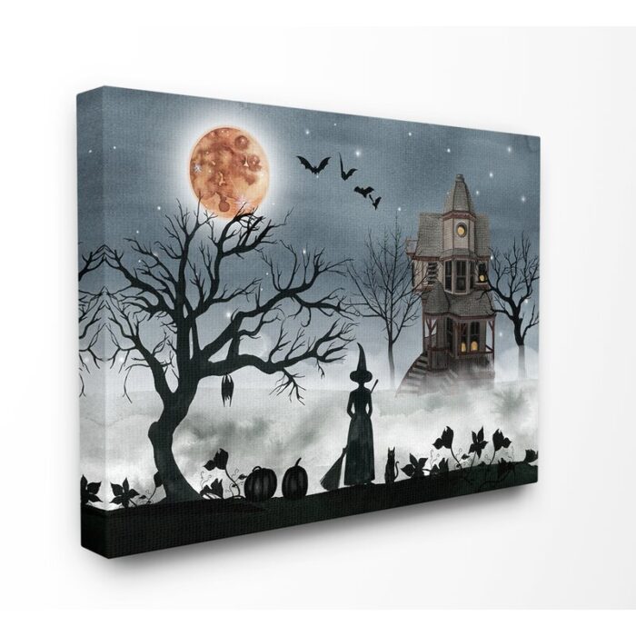 ” Halloween Witch Silhouette In Full Moon Haunted House Scene “ - Chic Decora