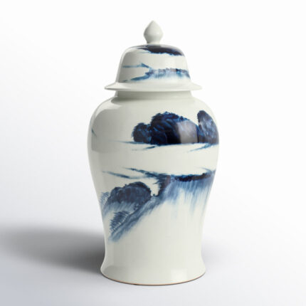 18” Blue and White Porcelain Ginger Jar, Decorative Lidded Vase with Abstract Landscape Pattern for Tabletop, Mantel, Centerpiece, or Floral Display - Chic Decora