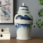 18'' Blue and White Porcelain Ginger Jar, Decorative Lidded Vase with Abstract Landscape Pattern for Tabletop, Mantel, Centerpiece, or Floral Display