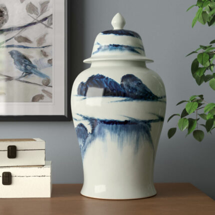 18” Blue and White Porcelain Ginger Jar, Decorative Lidded Vase with Abstract Landscape Pattern for Tabletop, Mantel, Centerpiece, or Floral Display - Chic Decora