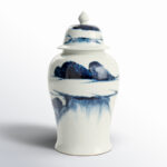 18'' Blue and White Porcelain Ginger Jar, Decorative Lidded Vase with Abstract Landscape Pattern for Tabletop, Mantel, Centerpiece, or Floral Display - Image 6