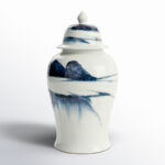 18'' Blue and White Porcelain Ginger Jar, Decorative Lidded Vase with Abstract Landscape Pattern for Tabletop, Mantel, Centerpiece, or Floral Display - Image 7