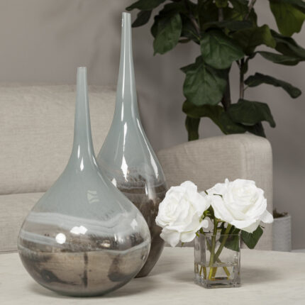 21″ Blue Gray and Taupe Handblown Spun Glass Vase - Chic Decora