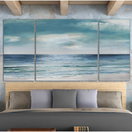 ” Blue Silver Shore ” 3 – Pieces Painting Print - Chic Decora