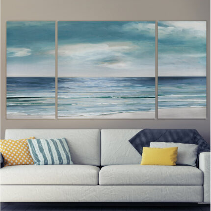 ” Blue Silver Shore ” 3 – Pieces Painting Print - Chic Decora