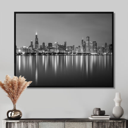 " Chicago Skyline At Night Black And White "