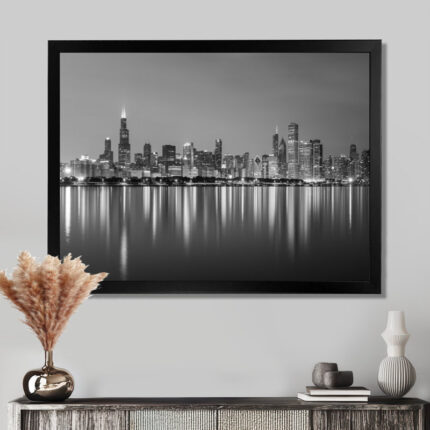 ” Chicago Skyline At Night Black And White “ - Chic Decora