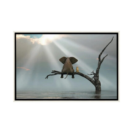 ” Elephant And Dog Are Sitting On A Tree Fleeing A Flood ” by Mike Kiev - Chic Decora