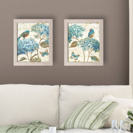 ” Gorgeous Teal And Cream Watercolor-Style Hydrangea Florals, Birds And Butterfly ” by Daphne Brissonnet 2 – Pieces - Chic Decora