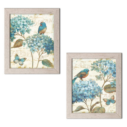 ” Gorgeous Teal And Cream Watercolor-Style Hydrangea Florals, Birds And Butterfly ” by Daphne Brissonnet 2 – Pieces - Chic Decora