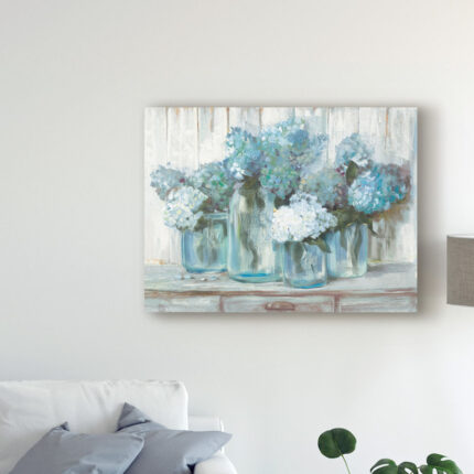 ” Hydrangeas In Glass Jars Blue ” by Carol Rowan Painting Print - Chic Decora