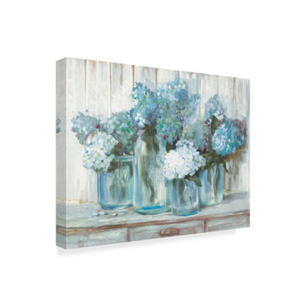 ” Hydrangeas In Glass Jars Blue ” by Carol Rowan Painting Print - Chic Decora