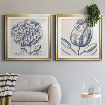 ” Indigo Floral On Linen III ” 2 – Pieces - Chic Decora