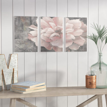 ” Pastel Pink Peony On Gray ” 3 – Pieces - Chic Decora