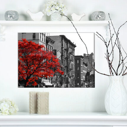 ” Red Tree On Black And White New York City Street “ - Chic Decora