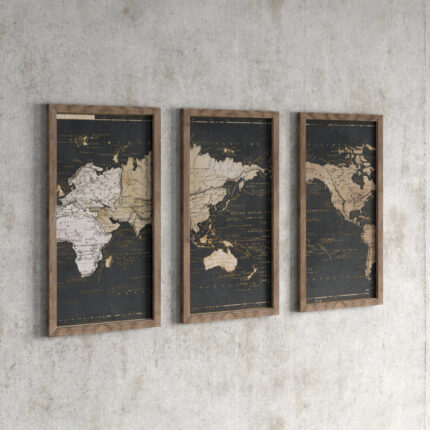 ” World Map In Gold And Gray ” by Elizabeth Medley 3 – Pieces - Chic Decora