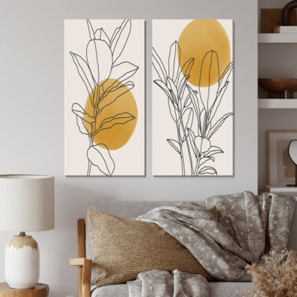 ” Yellow Botanical Branch With Leaves I ” 2 – Pieces - Chic Decora